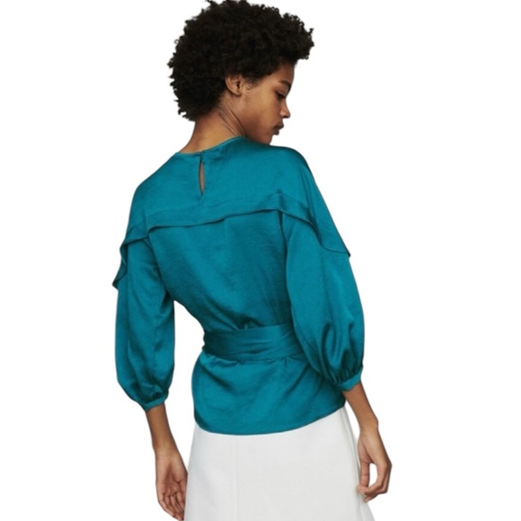 MAJE Lavana Self-Tie Crepe Blouse in Peacock Blue | Long Billow Sleeve Top Large - Picture 2 of 12